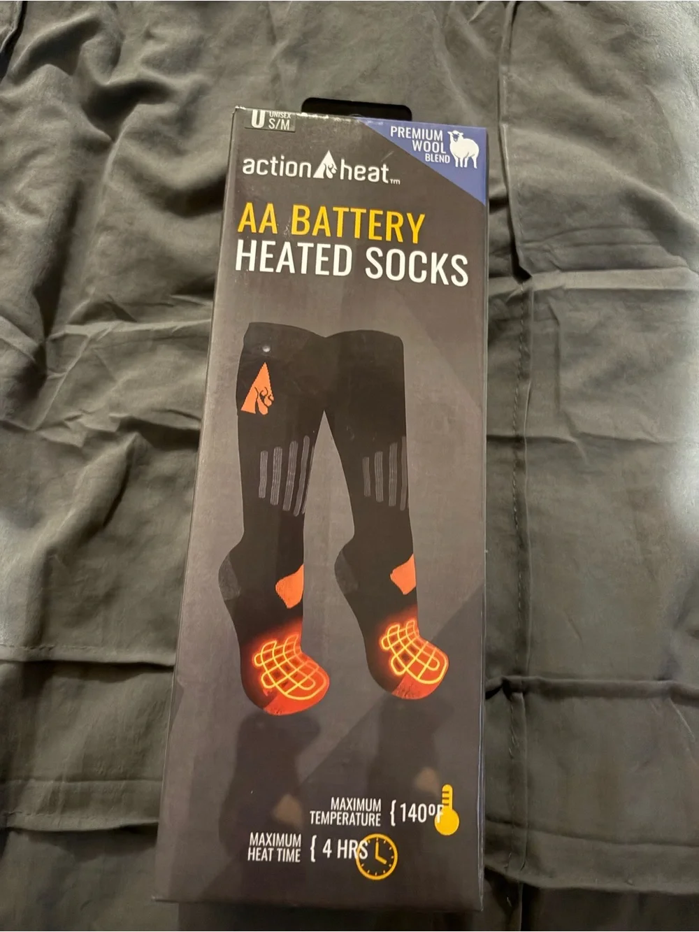 AA Battery Heated Socks - Black with Orange Accents. UNISEX S/M